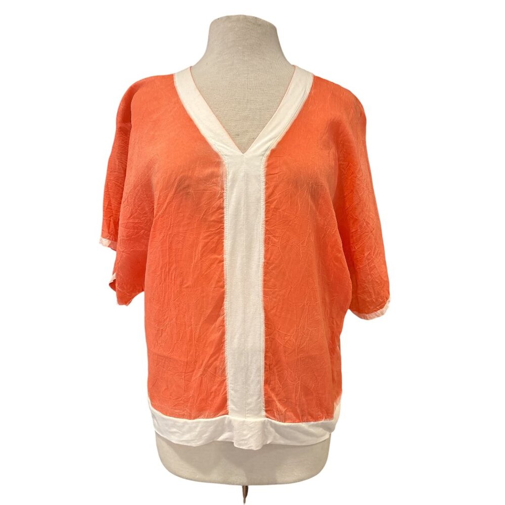 Barbara Lesser Womens Orange & White V-Neck Sheer Kimono Sleeve Blouse Size L